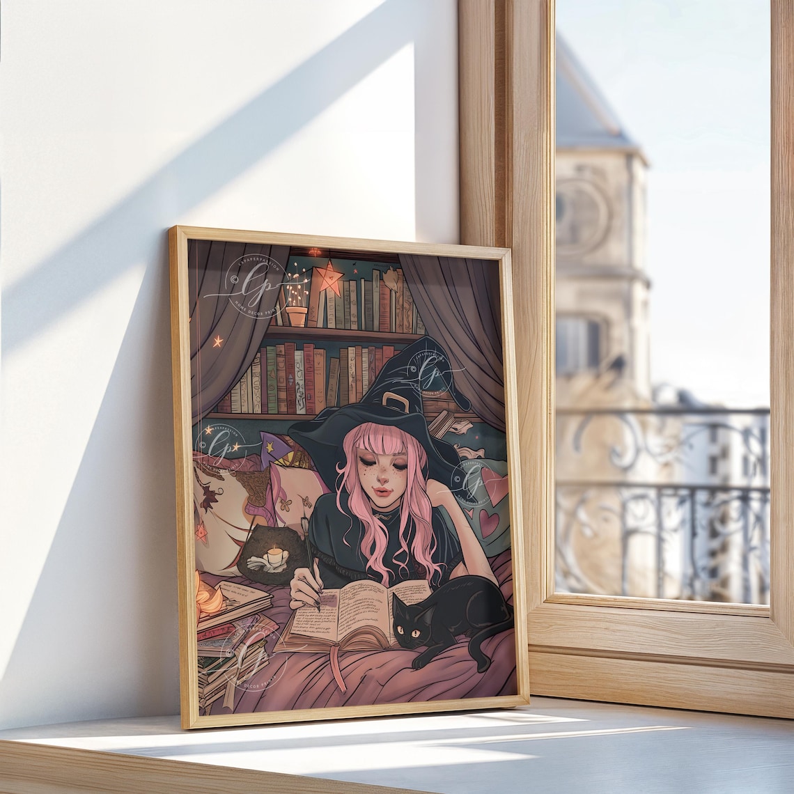Pink Haired Teen Witch Reading With Black Cat Cozy Halloween Poster - Image 2