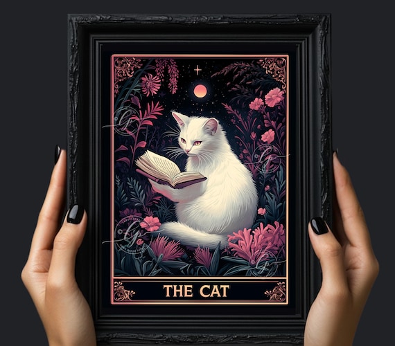 Cat Tarot Card, Botanical Witchy Cat Decor