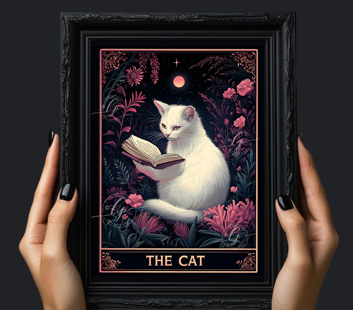 Cat Tarot Card, Botanical Witchy Cat Decor