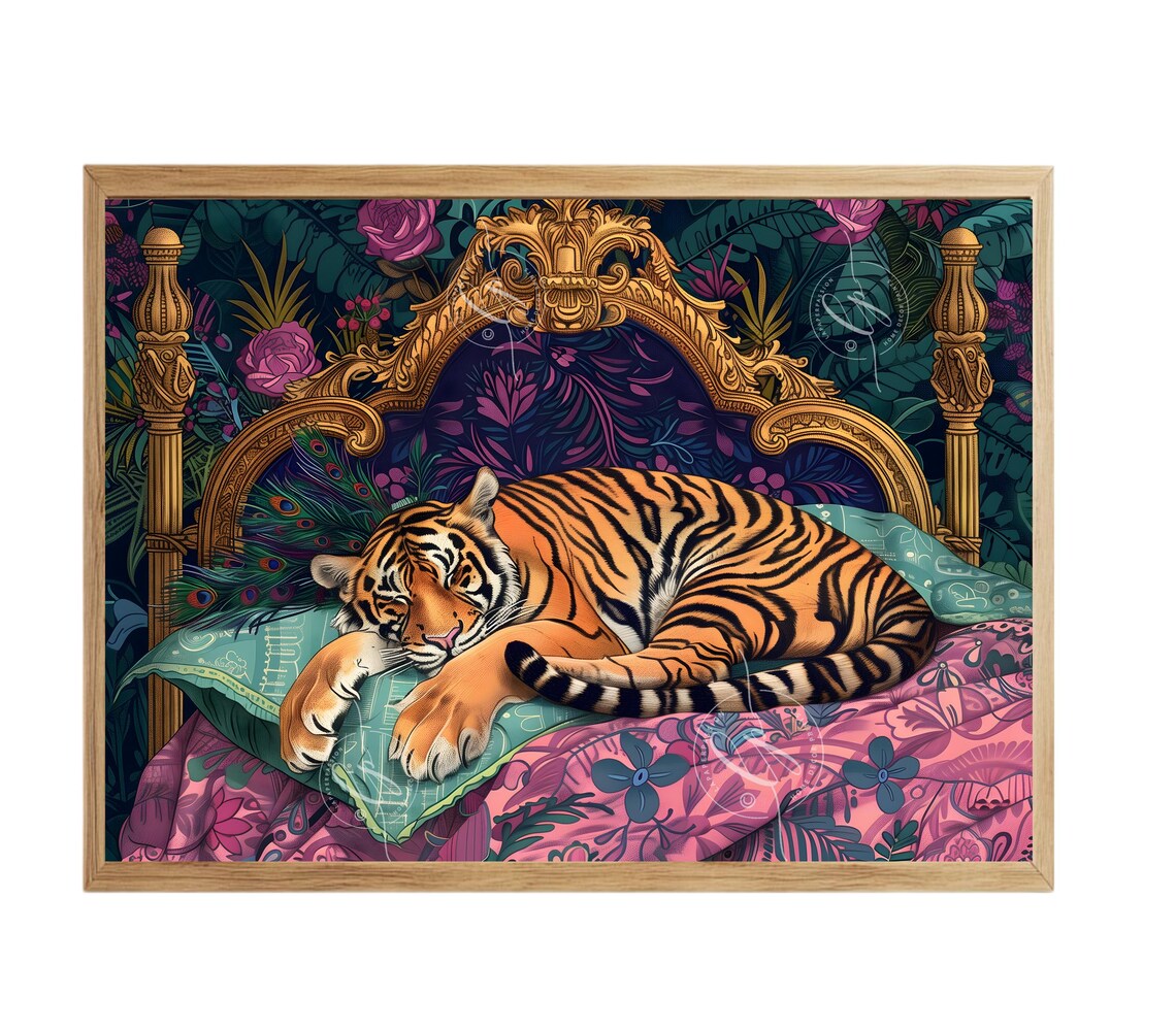 Sleeping Tiger in a Vintage Bed, Maximalist Jungle - Image 5
