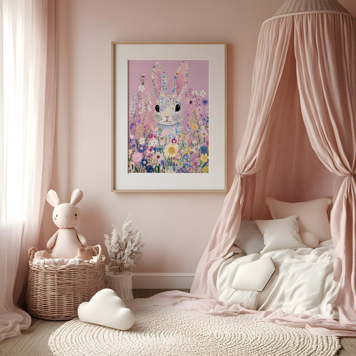 Floral Pattern Bunny Rabbit Wildflowers Pink Bloomcore Poster - Image 4
