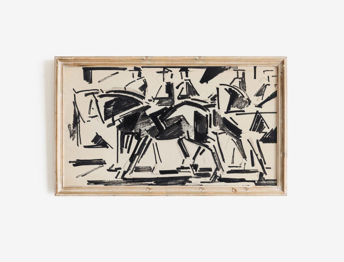 Abstract Black Ink Horse Sketch Modern Equestrian Line Wall Art - Image 2