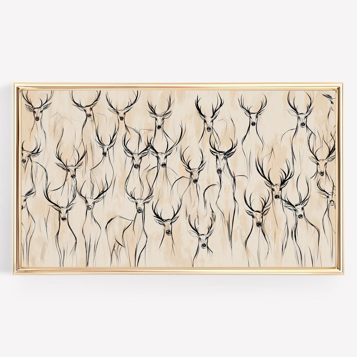 Frame TV Art Reindeer Deer Heads Line Sketch Beige Winter Poster