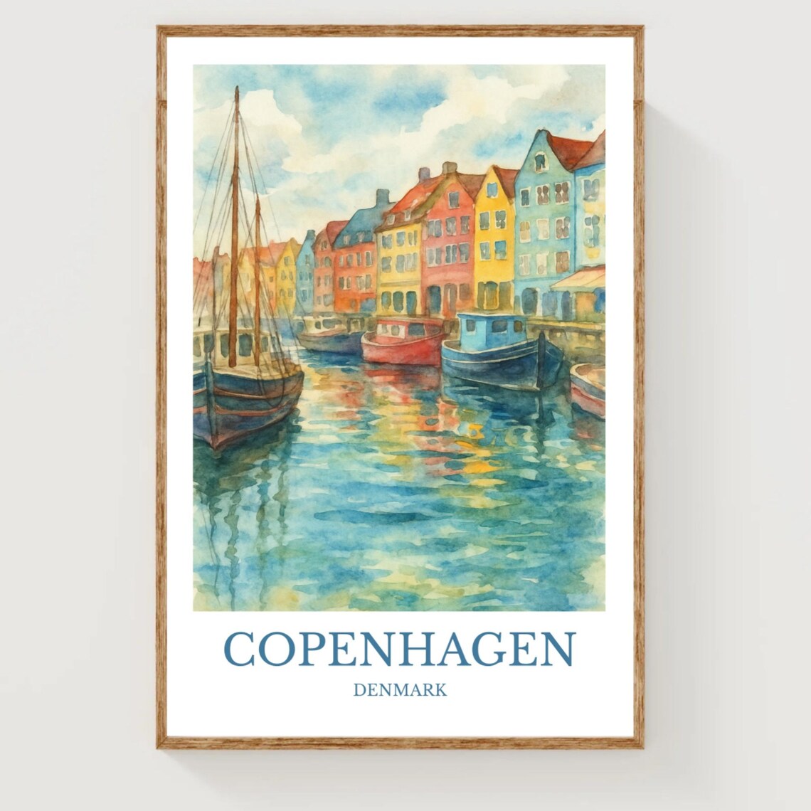 Copenhagen Denmark Colorful Nyhavn Harbor Watercolor Travel Poster
