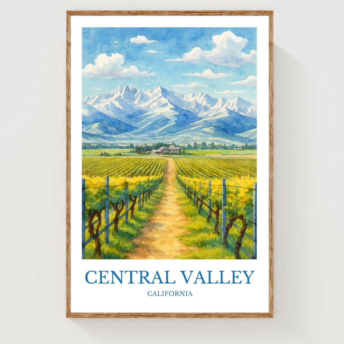 Central Valley California Vineyard Watercolor Farm Travel Poster