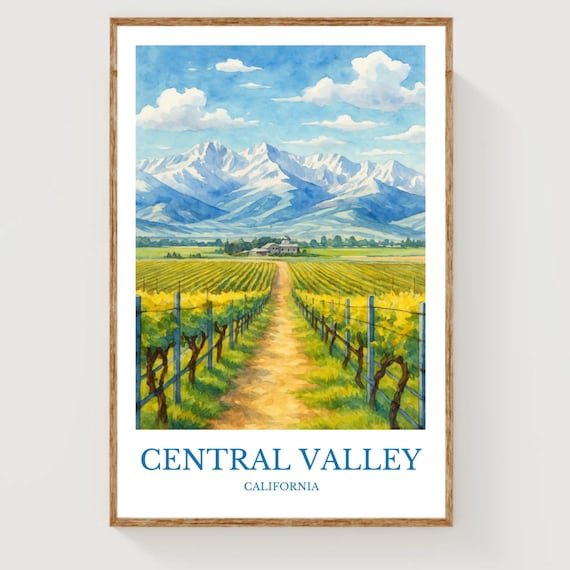 Central Valley California Vineyard Watercolor Farm Travel Poster