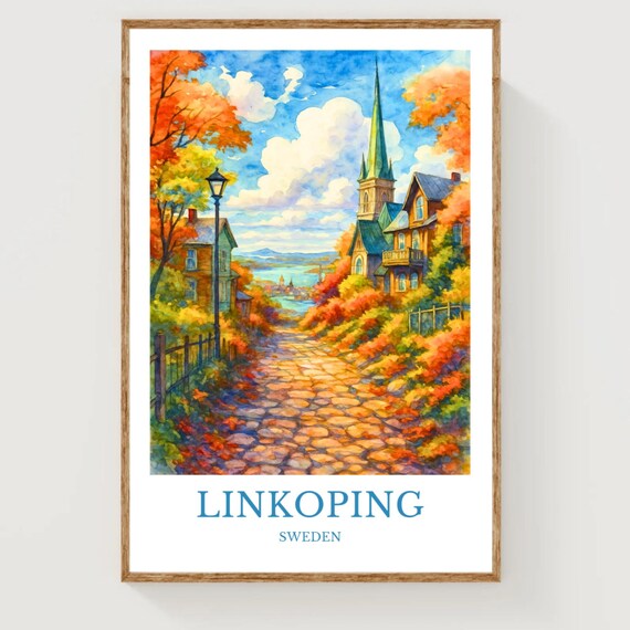 Linkoping Sweden Autumn Church Street Watercolor Travel Poster