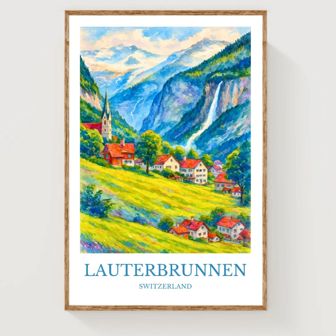 Lauterbrunnen Valley Waterfall Watercolor Travel Poster Switzerland Alps Art