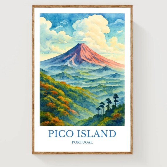 Pico Island Portugal Volcano Peak Misty Watercolor Travel Poster