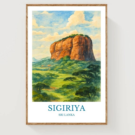 Sigiriya Sri Lanka Rock Fortress Jungle Watercolor Travel Poster