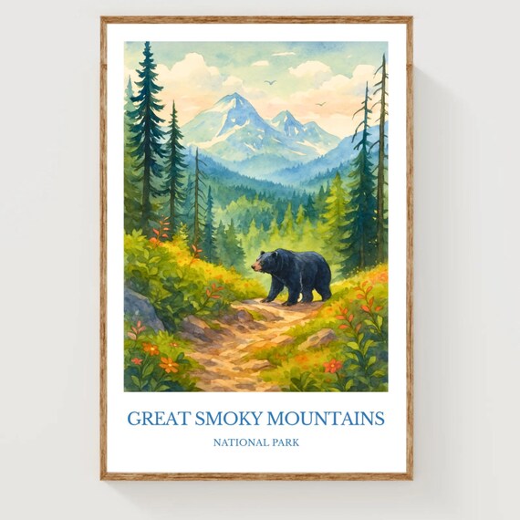 Great Smoky Mountains National Park Black Bear Watercolor Nature Poster