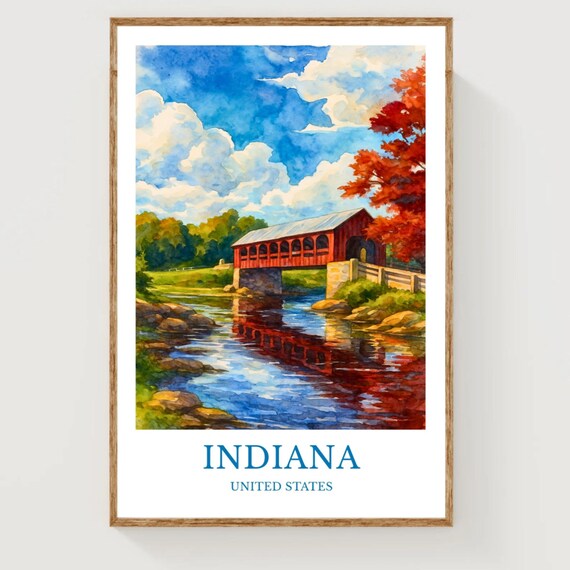 Indiana Covered Bridge Autumn River Watercolor Travel Poster