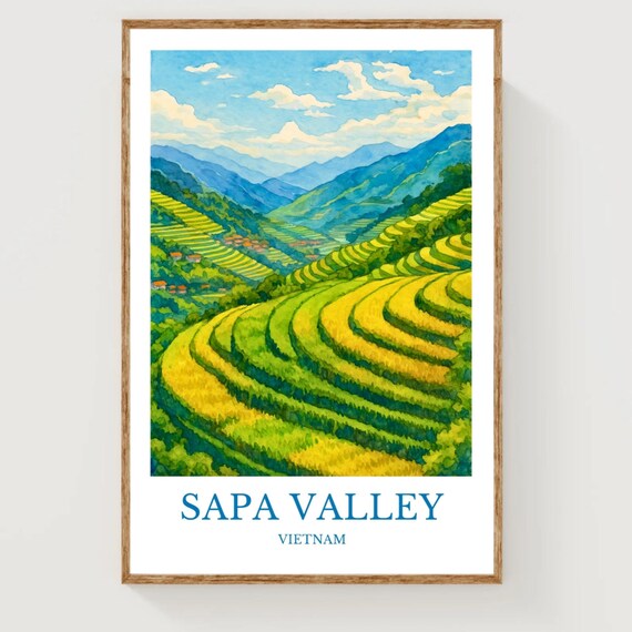 Sapa Valley Vietnam Terraced Rice Fields Watercolor Travel Poster