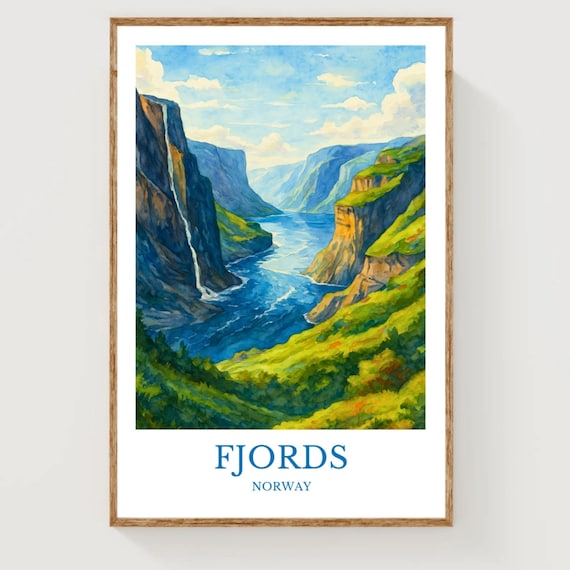 Norway Fjords Waterfall Dramatic Cliffs Watercolor Travel Art Poster