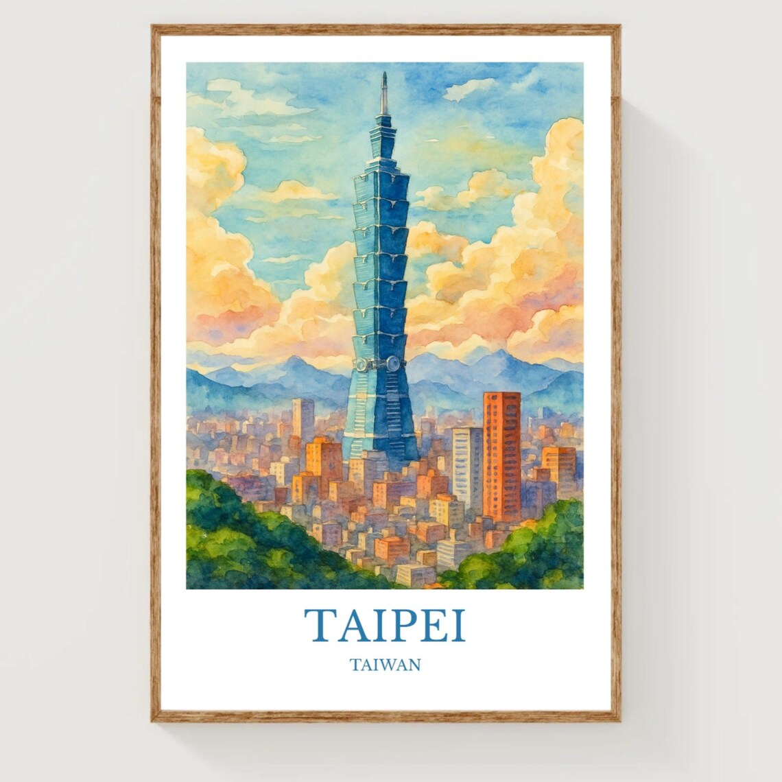 Taipei Taiwan Watercolor Cityscape Travel Poster Taipei 101 Tower