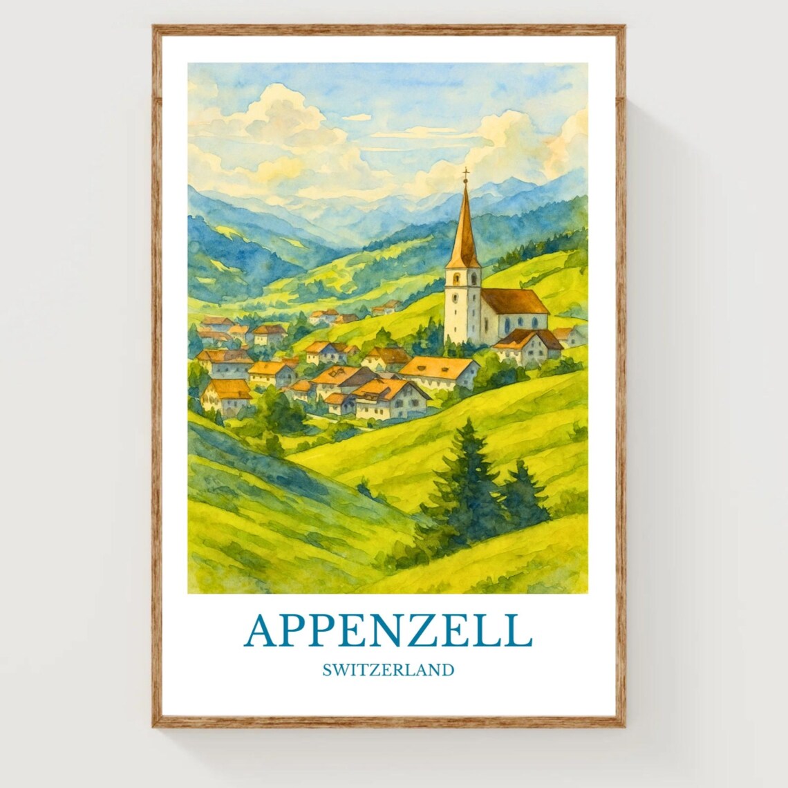 Appenzell Switzerland Church Village Watercolor Travel Poster