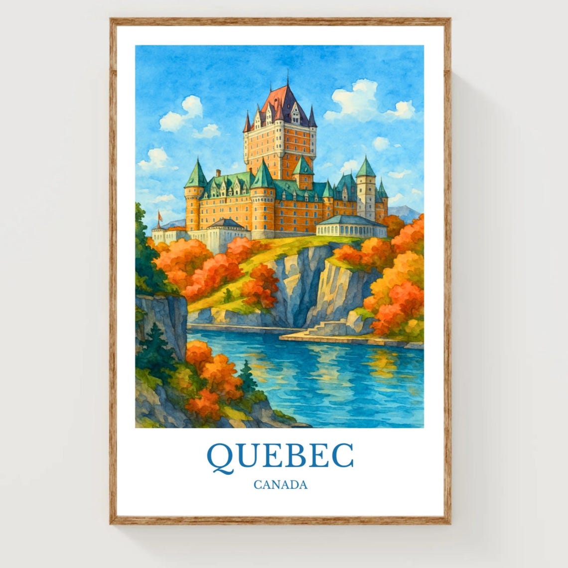 Quebec Canada Chateau Frontenac Autumn Fall Foliage Watercolor Poster