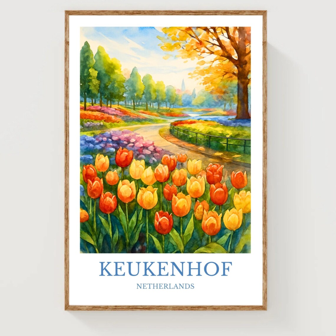 Keukenhof Netherlands Tulip Gardens Spring Bloom Watercolor Travel Poster