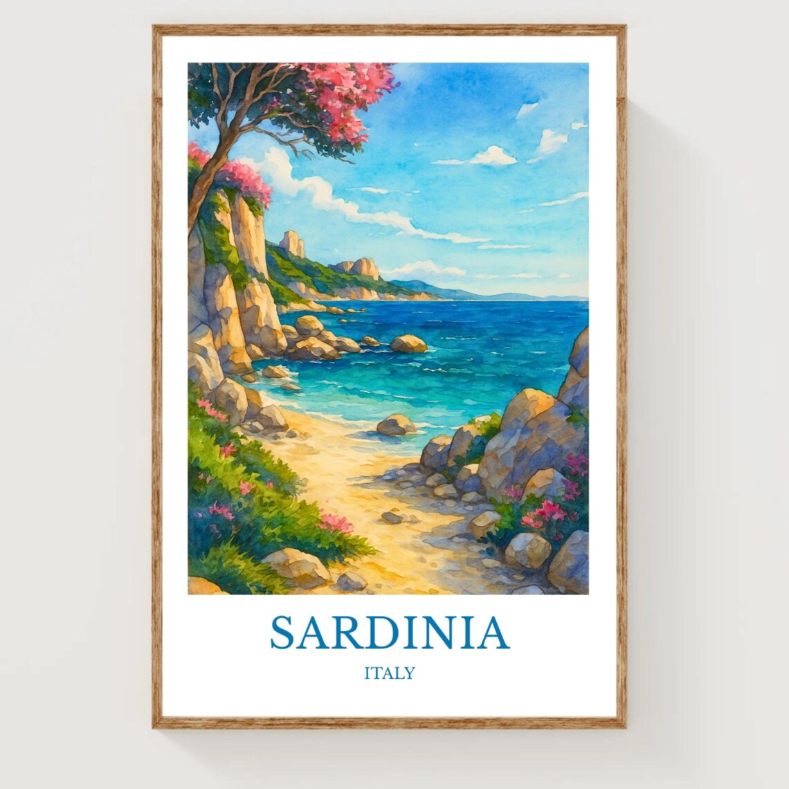 Sardinia Italy Turquoise Rocky Cove Beach Watercolor Travel Poster