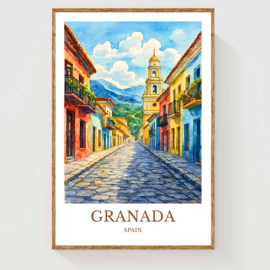 Granada Spain Colorful Old Street Watercolor Travel Scene Poster
