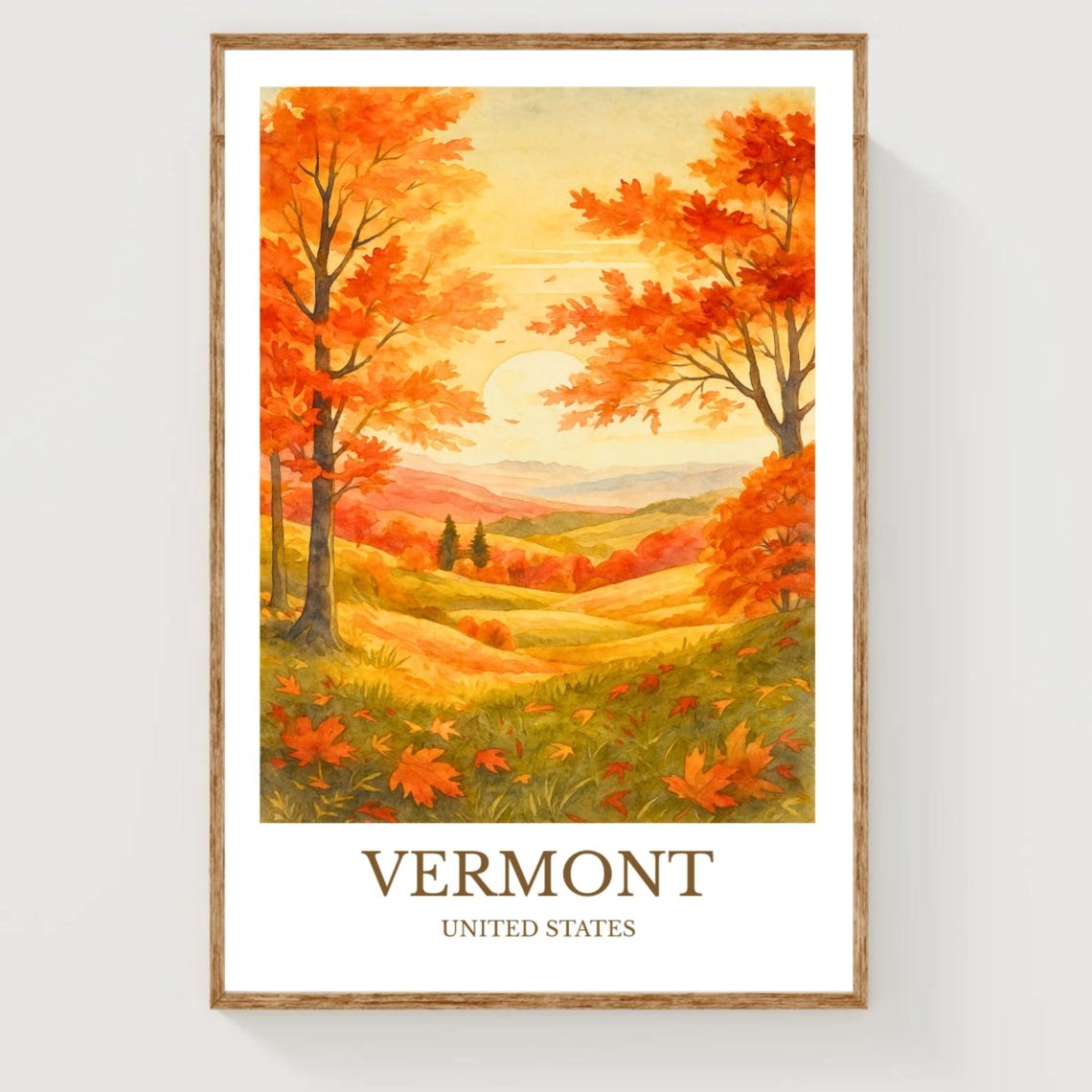 Vermont Fall Foliage Golden Maple Trees Valley Watercolor Poster