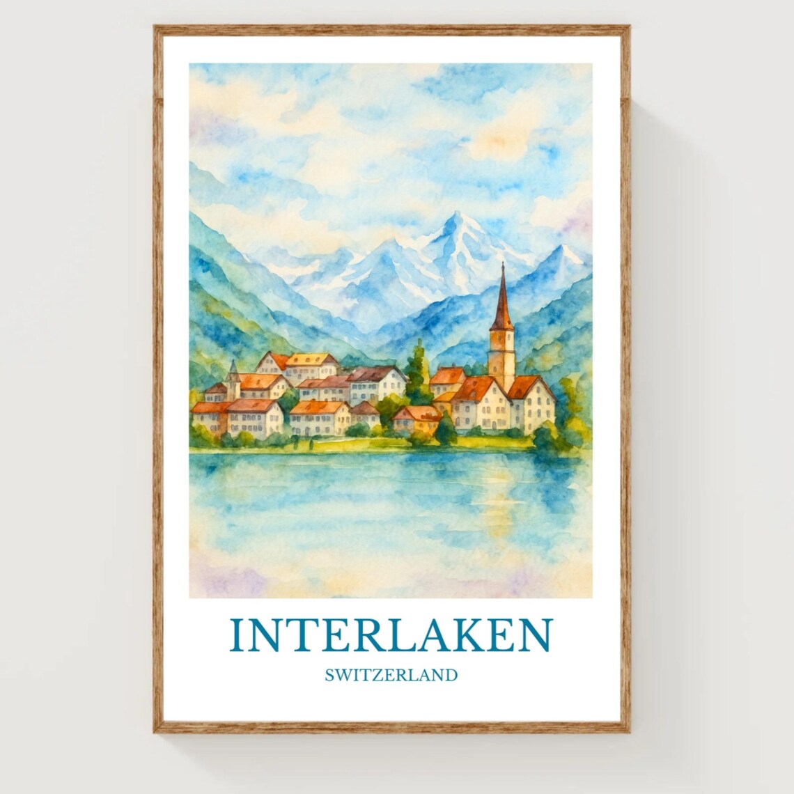 Interlaken Switzerland Lakeside Village Watercolor Travel Poster