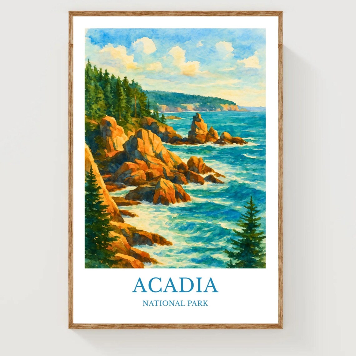 Acadia National Park Maine Watercolor Rocky Coast Travel Poster