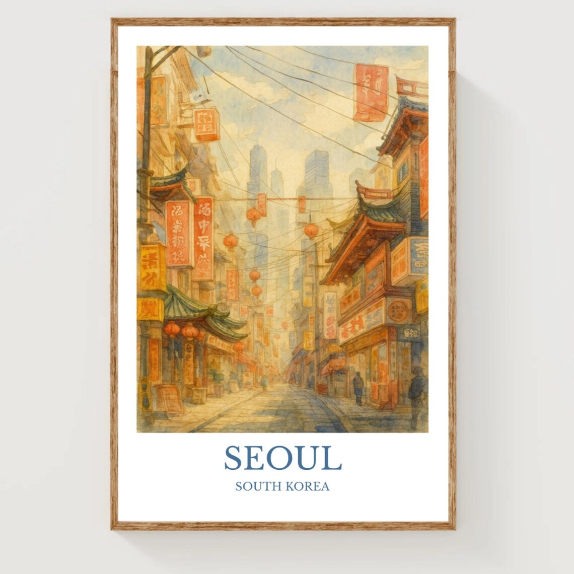 Seoul South Korea Lantern Lit Old Street Watercolor Travel Poster