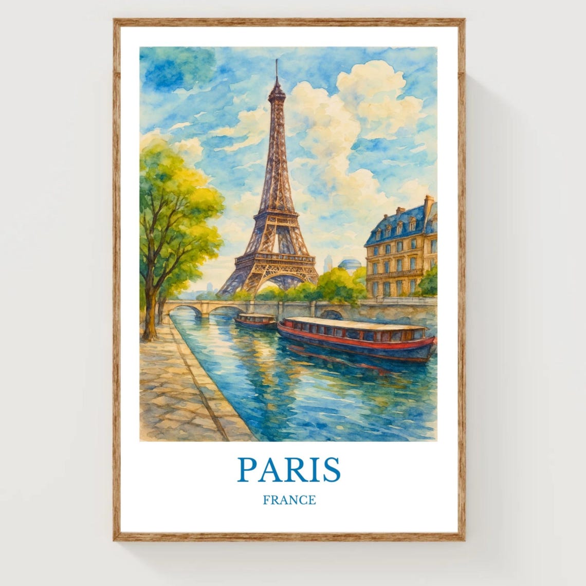 Paris France Watercolor Eiffel Tower Seine River Travel Poster
