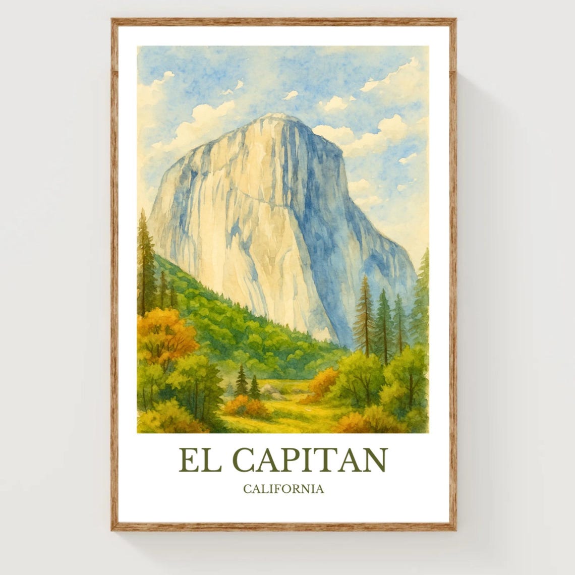 El Capitan California Granite Cliff Autumn Forest Watercolor Poster