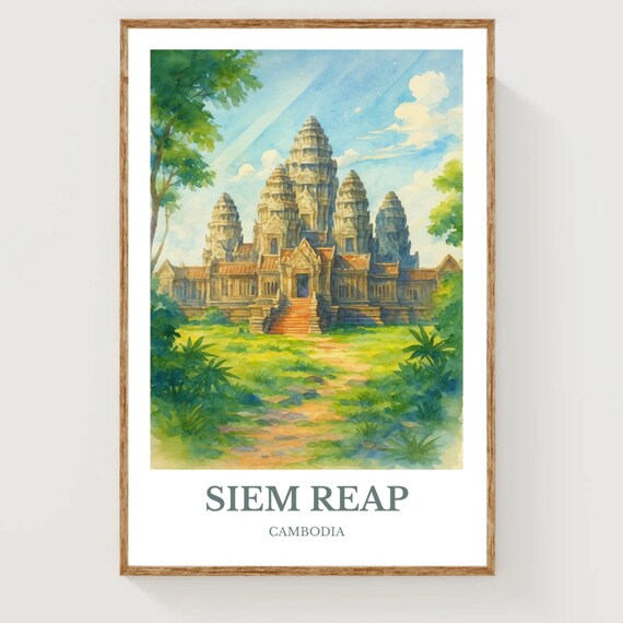 Siem Reap Cambodia Angkor Wat Temple Watercolor Travel Poster