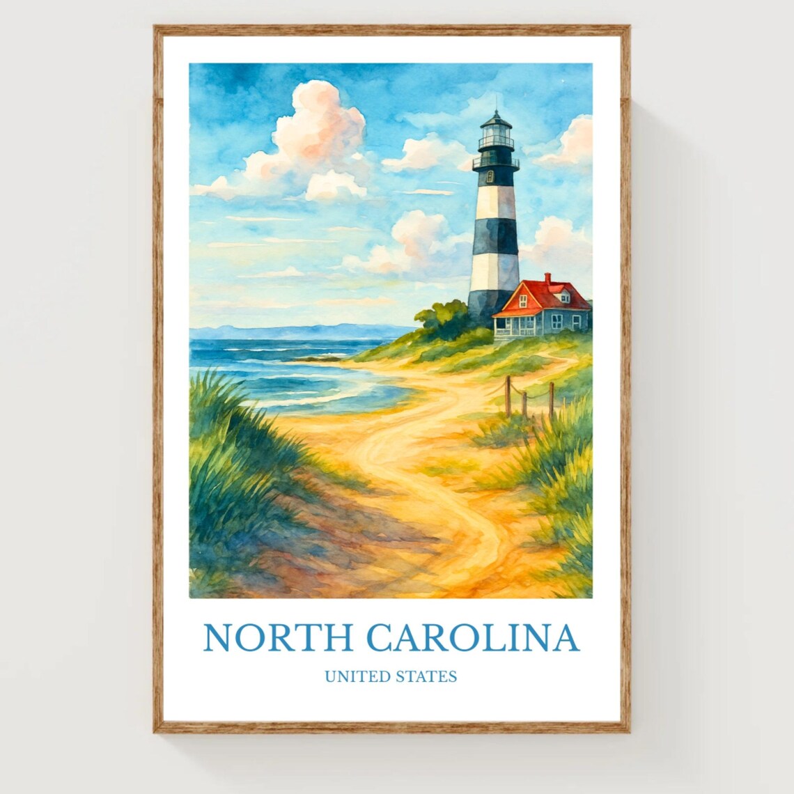 North Carolina Lighthouse Beach Watercolor Coastal Travel Poster