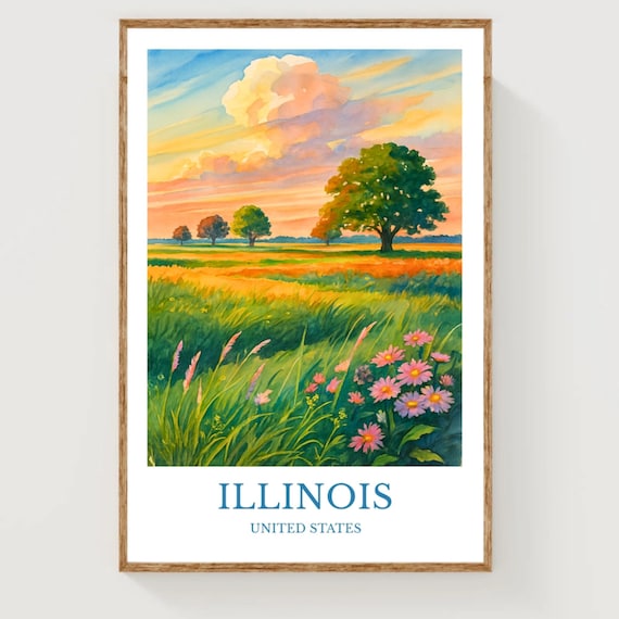 Illinois Prairie Sunset Watercolor Travel Poster US Heartland Field Art