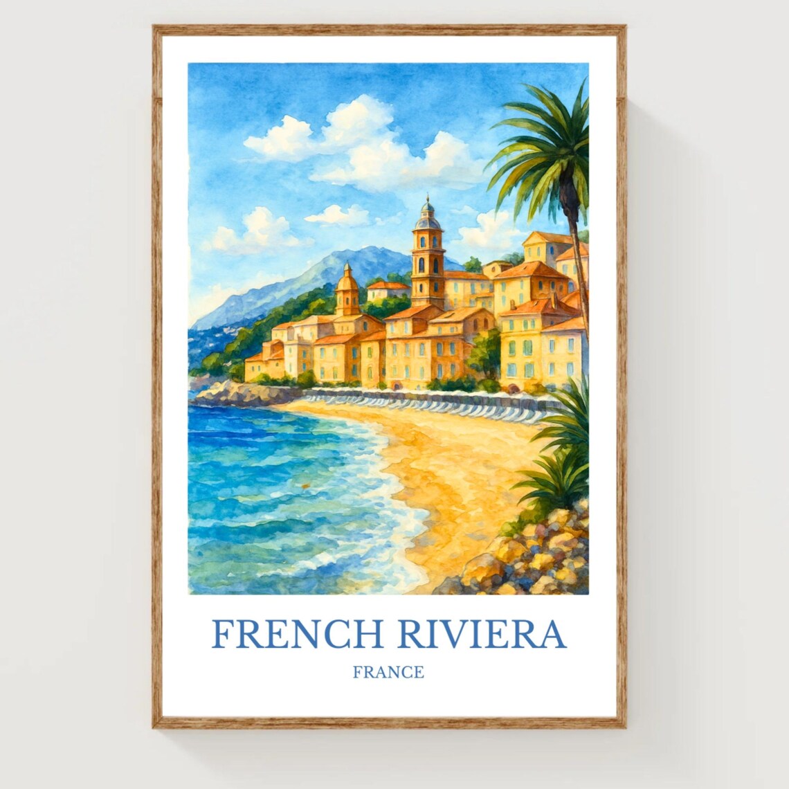French Riviera France Coastal Town Beach Watercolor Travel Poster