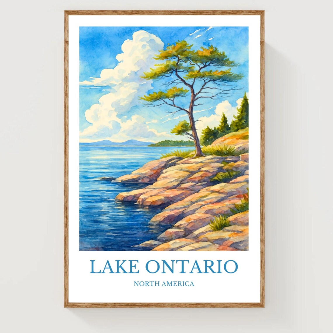 Lake Ontario Rocky Shoreline Pine Watercolor Travel Art Poster