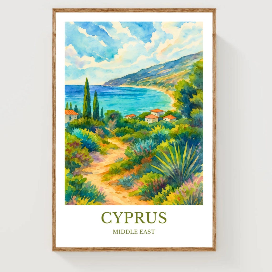 Cyprus Mediterranean Coast Hillside Path Watercolor Travel Poster