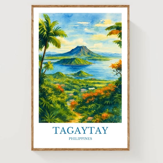 Tagaytay Philippines Taal Volcano Lake Tropical Watercolor Poster