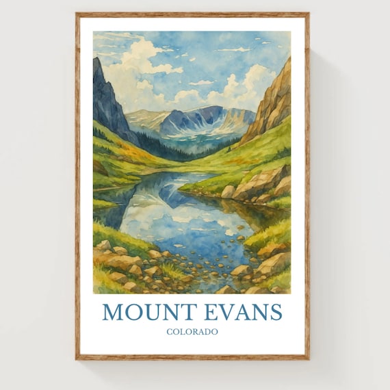 Mount Evans Colorado Alpine Lake Watercolor Mountain Travel Poster