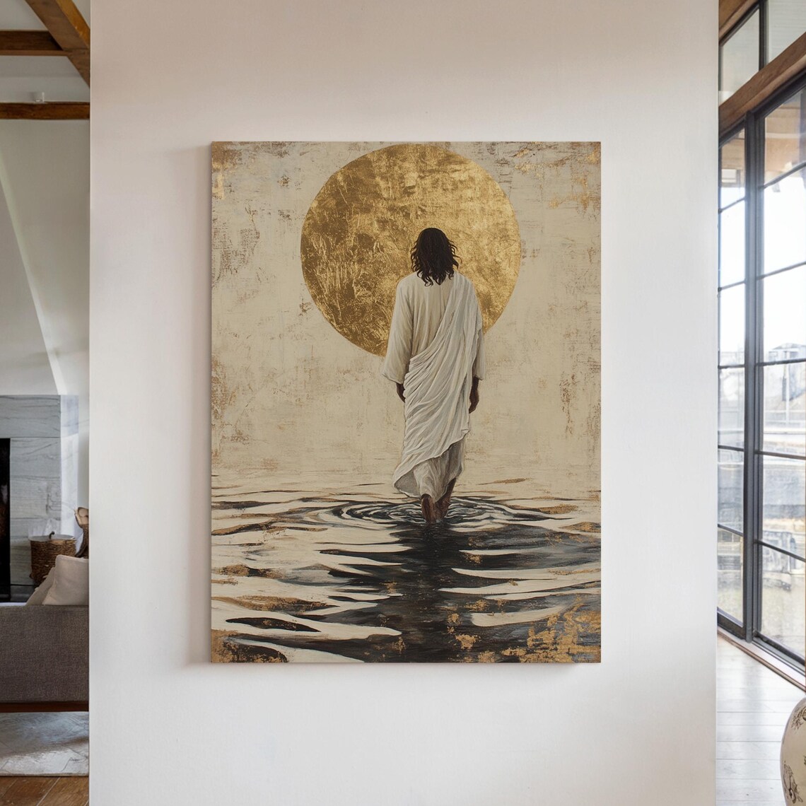 Jesus Christ Walking On Water Gold Halo Christian Vintage Art Poster