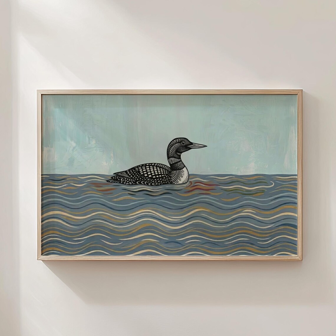 Common Loon Swimming On Stylized Waves Folk Art Lake Bird Coastal Wall Art