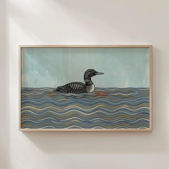 Loon Lake Wall Art Print Coastal Beach House Painting Blue Ocean Abstract Decor Minimalist Nautical Poster Vintage Water Bird Artwork