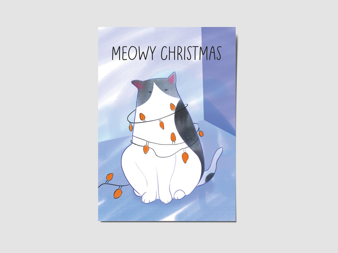 Cute Meowy Christmas Cat Tangled Lights Funny Holiday Card Print