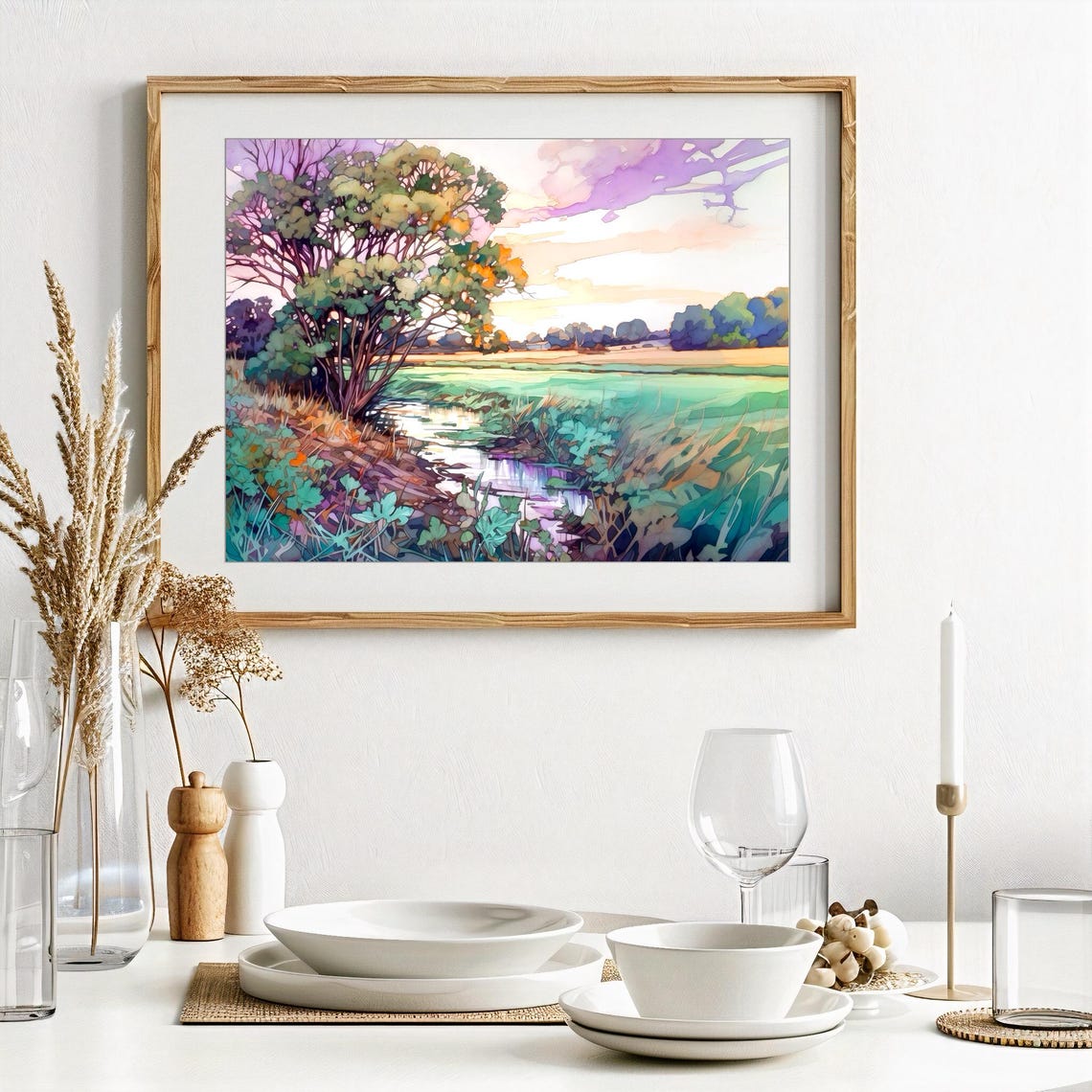 Sunlit Tree by Stream Pastel Meadow Watercolor Art Scene Poster - Image 2