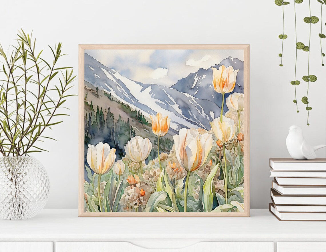 White Tulips Orange Blossoms Snowy Mountains Watercolor Wall Art - Image 2