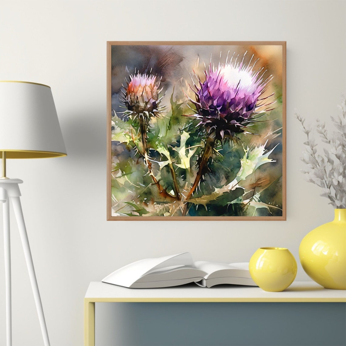 Double Thistle Bloom Pair Watercolor Floral Botanical Poster - Image 3
