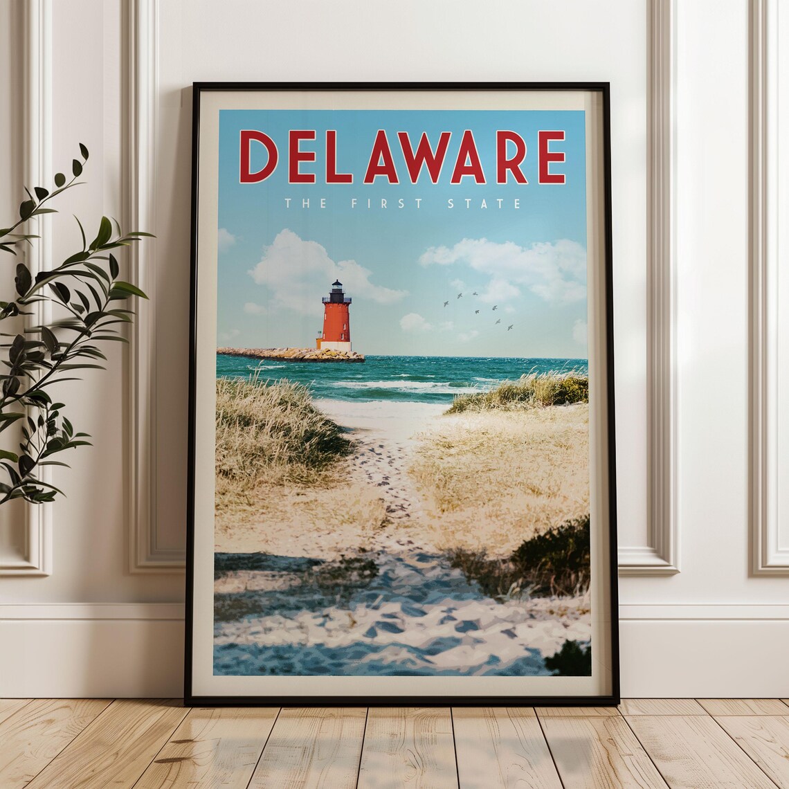 Delaware The First State Coastal Red Lighthouse Beach Travel Poster