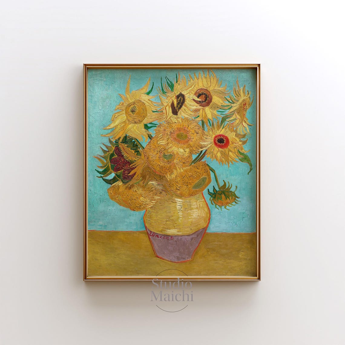 Van Gogh Sunflowers Turquoise Background Yellow Vase Classic Print