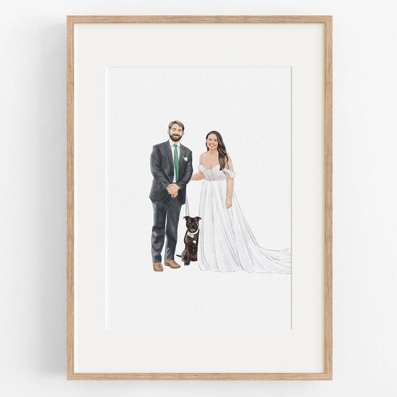 Wedding Couple with Black Dog Custom Watercolor Portrait Poster