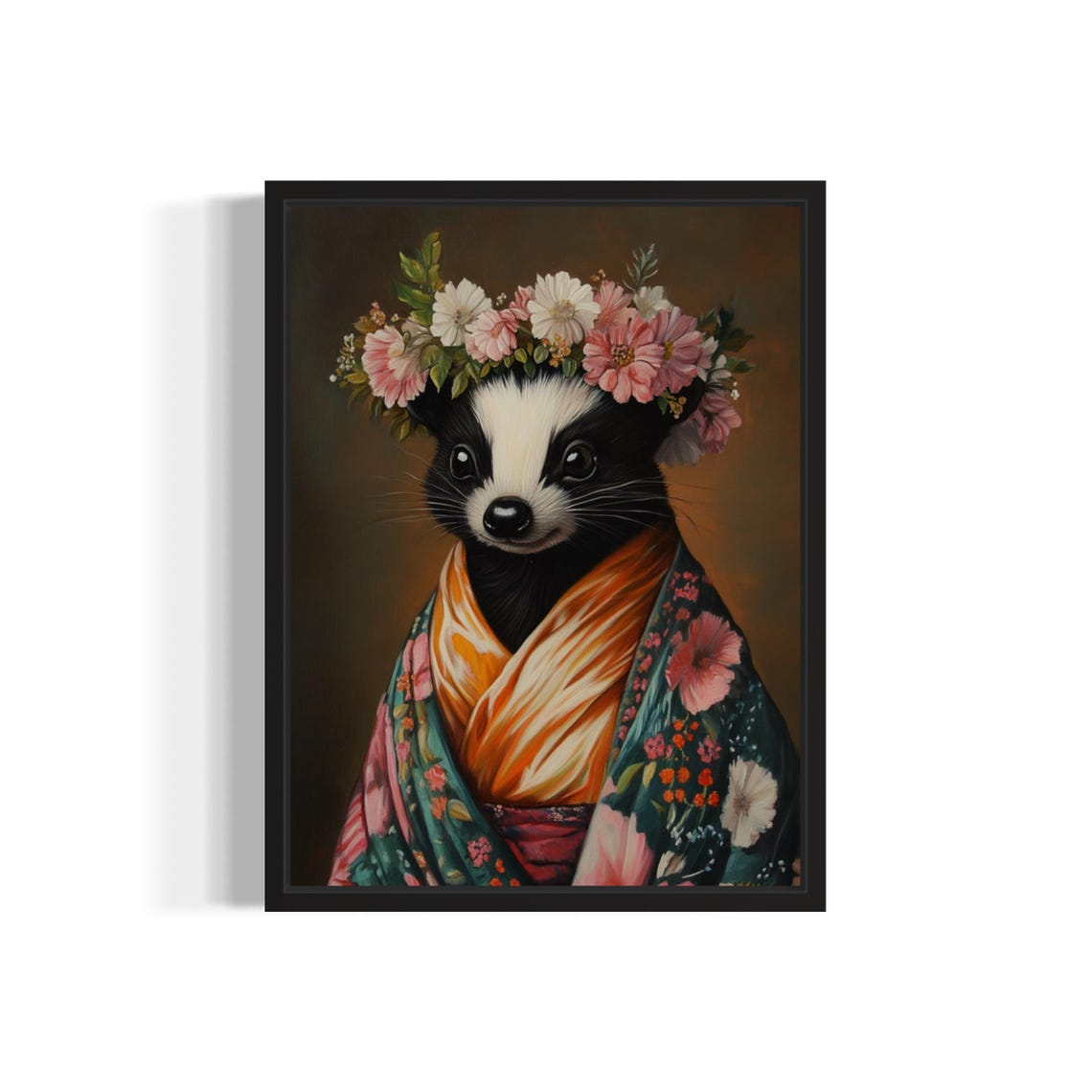 Skunk Wearing Floral Kimono and Flower Crown Portrait Poster