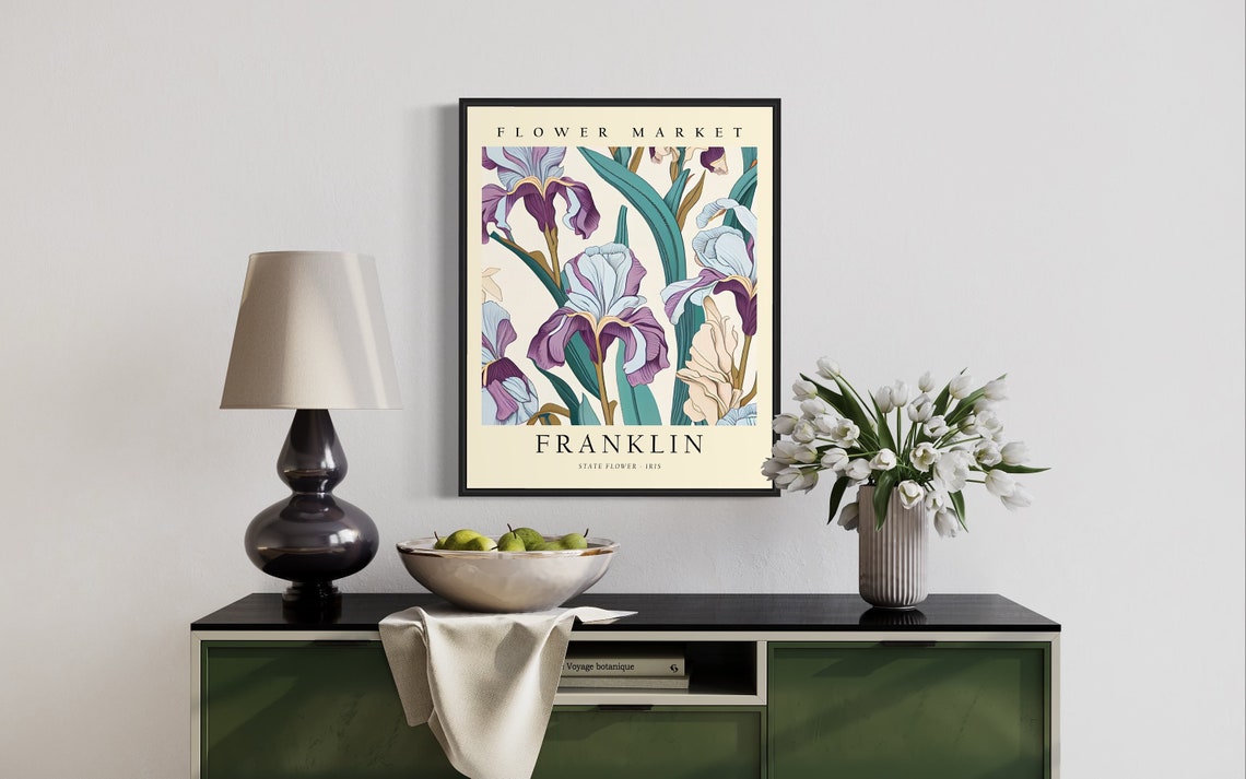 Franklin Iris Flower Market Poster with Purple Iris Blooms Design - Image 2